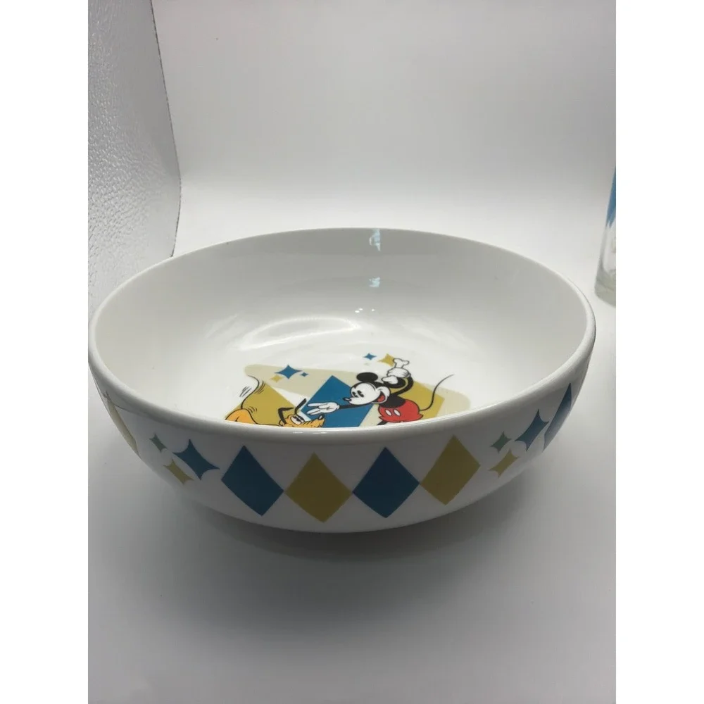 Disney Mickey Mouse Minnie Pluto Gibson Bowl and Glass Set 4 Piece Harlequin